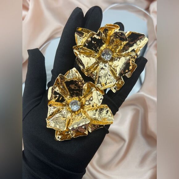Gold Floral Statement Earrings with Crystal Center - Picture 7 of 8